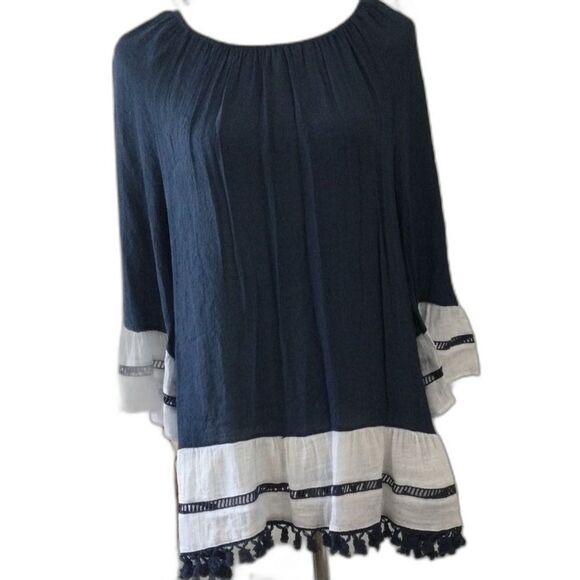 Indigo Soul Tunic Blouse Women’s Size Large Color Navy White 3/4 Sleeve - Picture 1 of 13